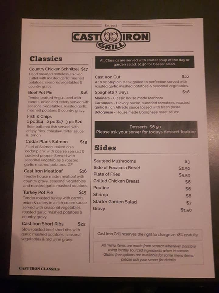 Menu at Cast Iron Grill restaurant, Fernie