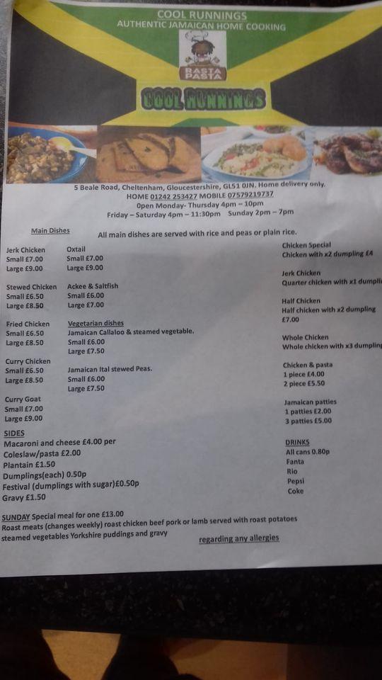 Menu at Cool runnings jamaican home delivery restaurant, Cheltenham