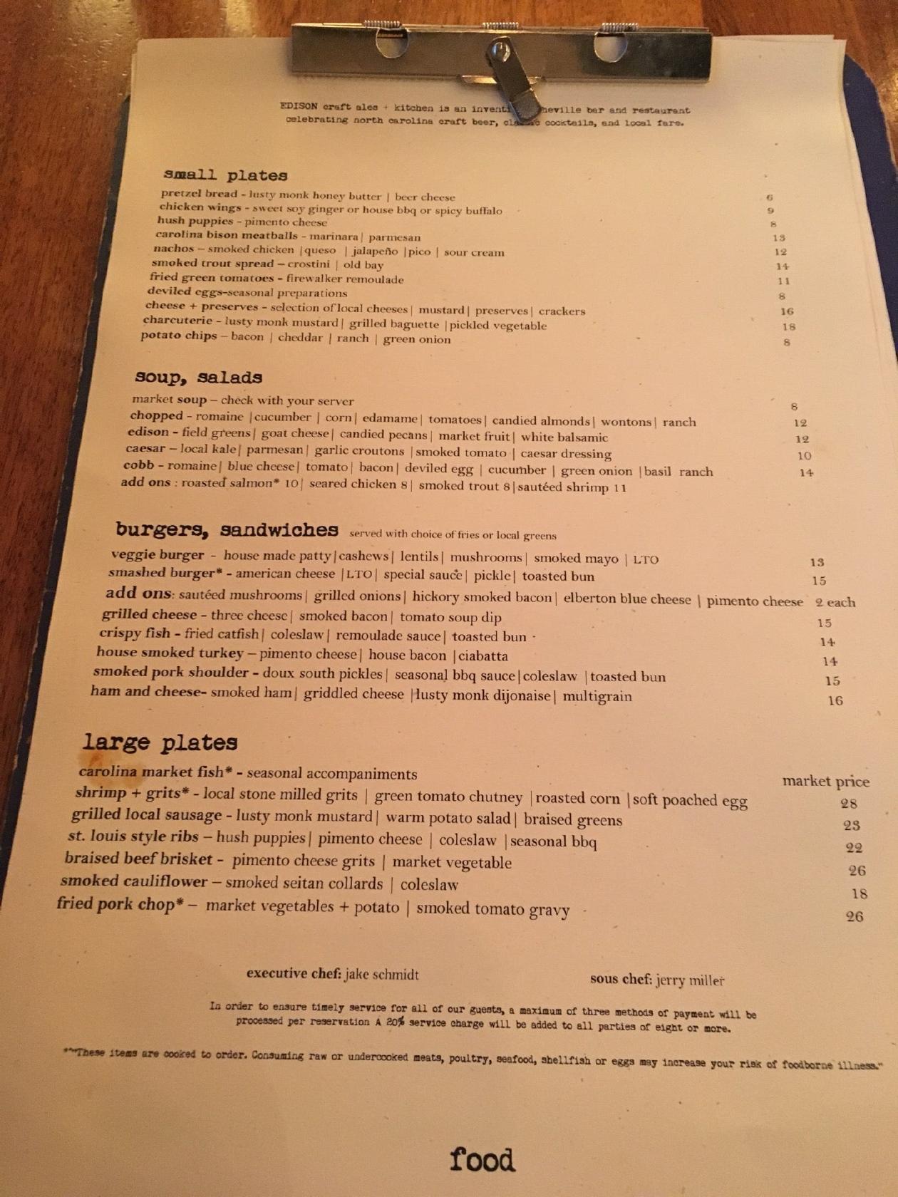 Menu at Edison, Craft Ales + Kitchen pub & bar, Asheville