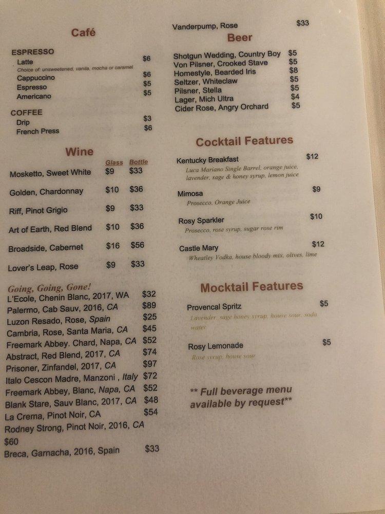 Menu at The Kentucky Castle restaurant, USA