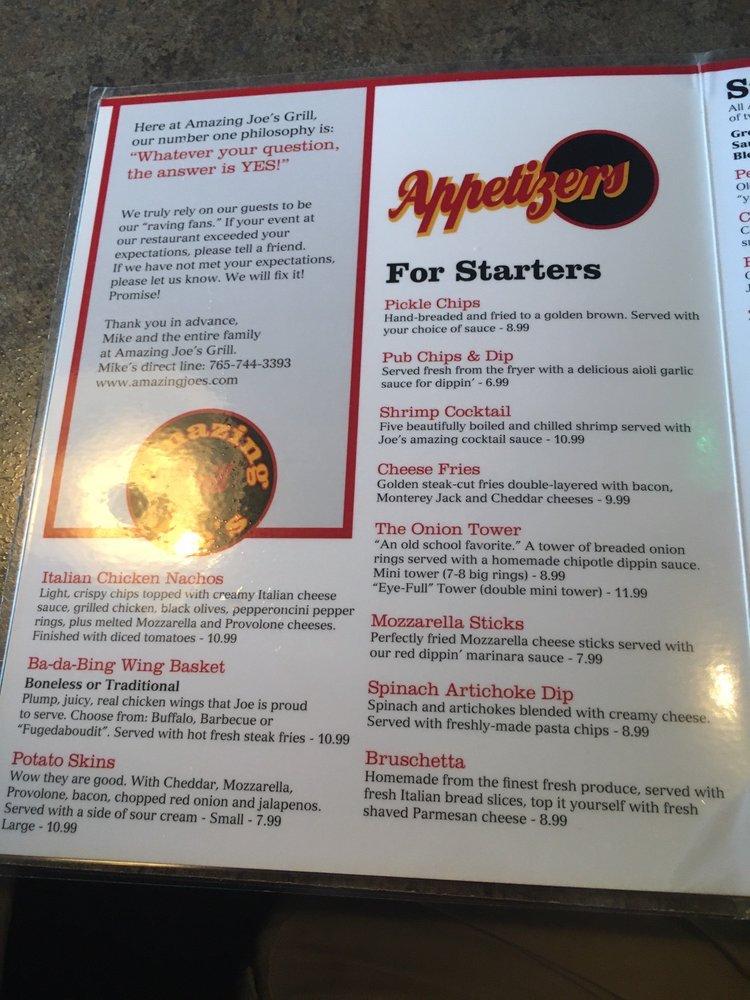 Menu at Amazing Joe's Grill restaurant, Muncie