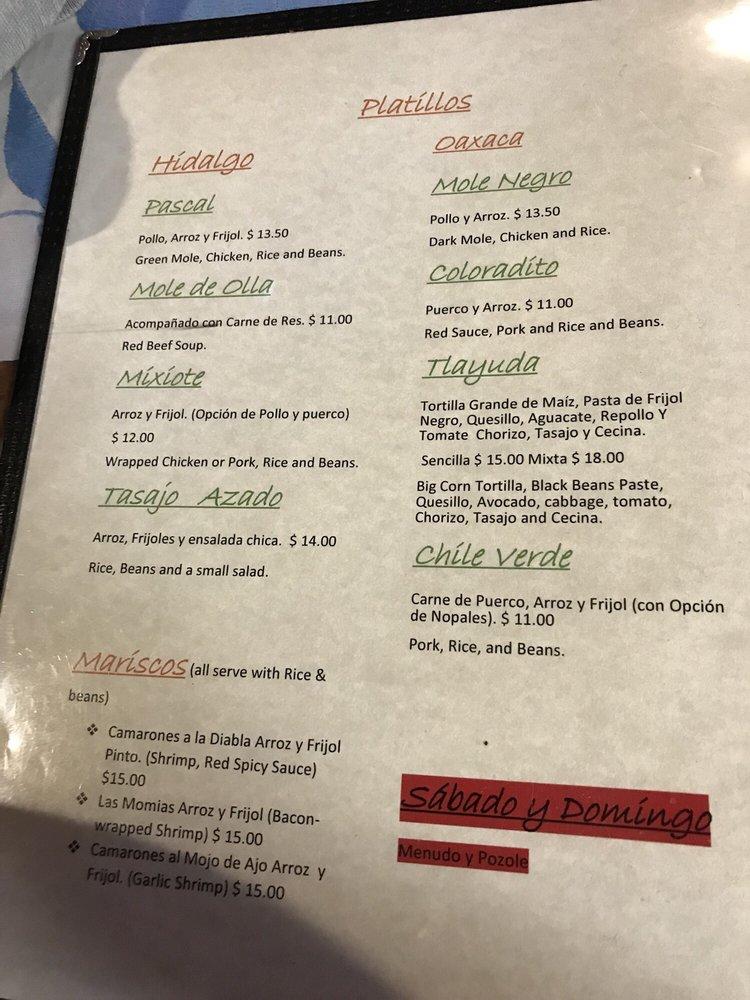 Menu at Culturas Hidalgo & Oaxaca Restaurant, Salinas