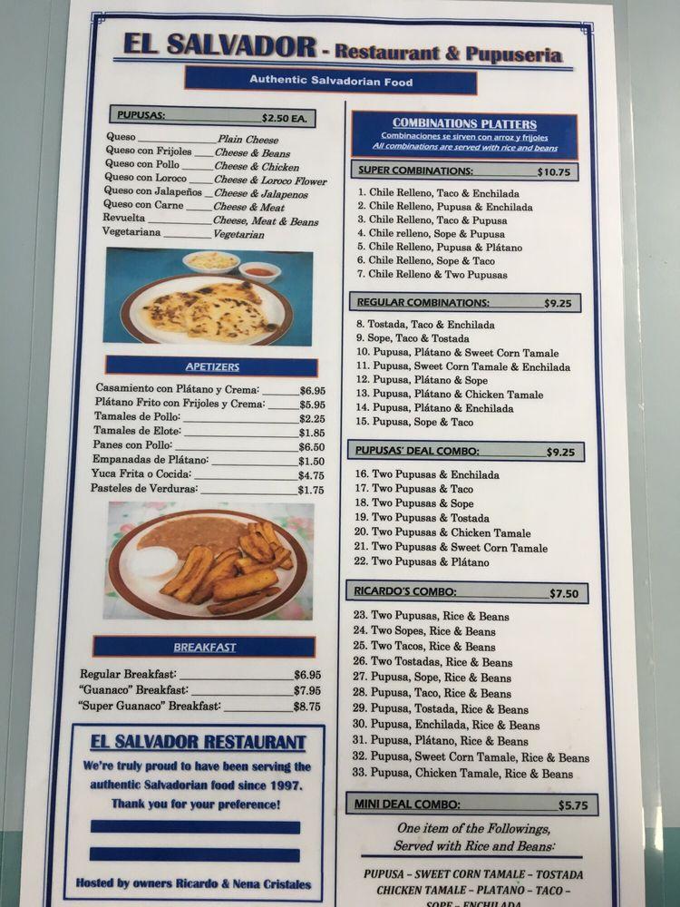 Menu at El Salvador Restaurant, Farmersville