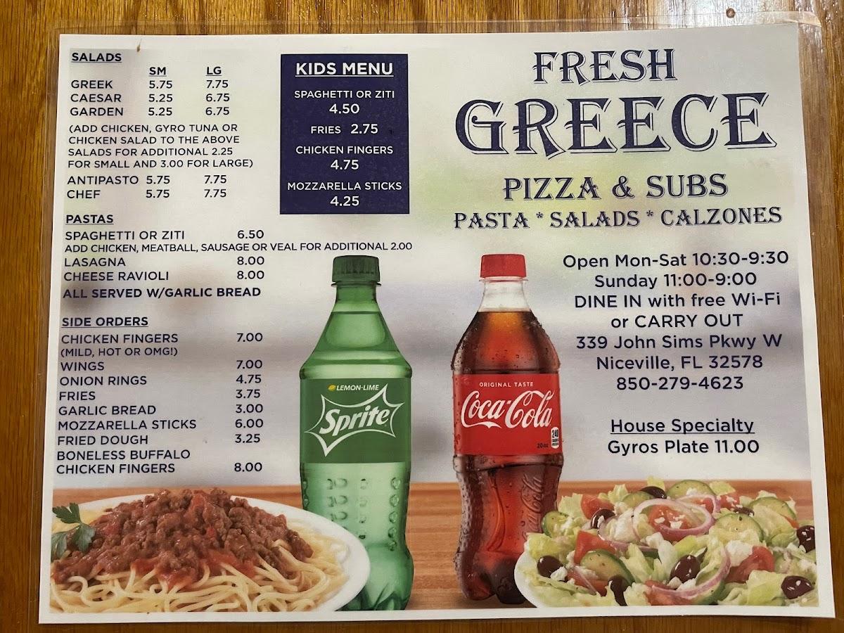Menu at Fresh Greece Pizza & Grill pizzeria, Niceville