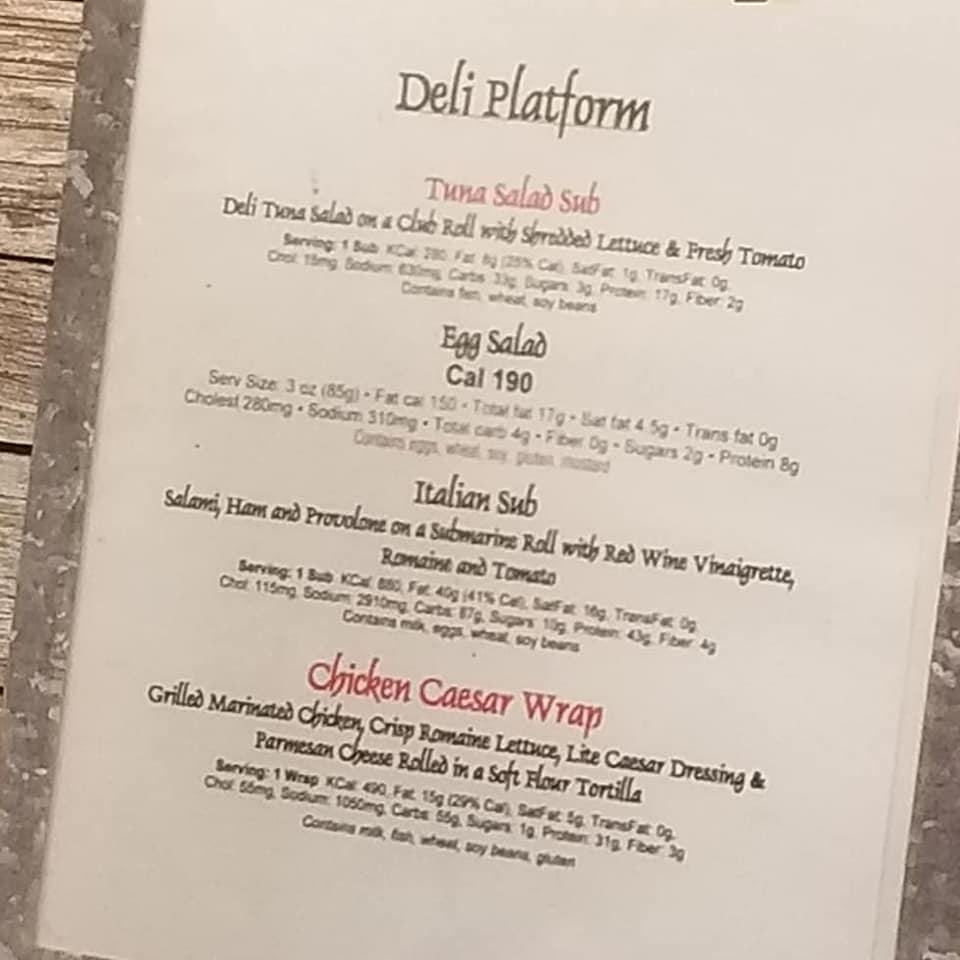 Menu at Pfeiffer Cafe, Misenheimer