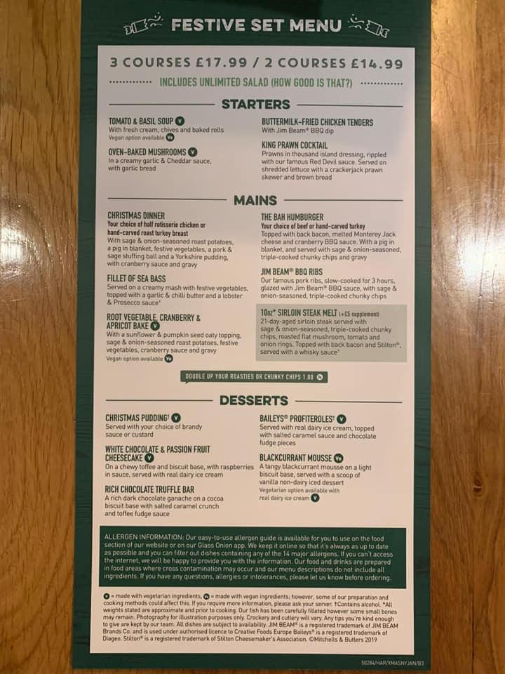 Carta del pub y bar Harvester Plough Chelmsford, Chelmsford