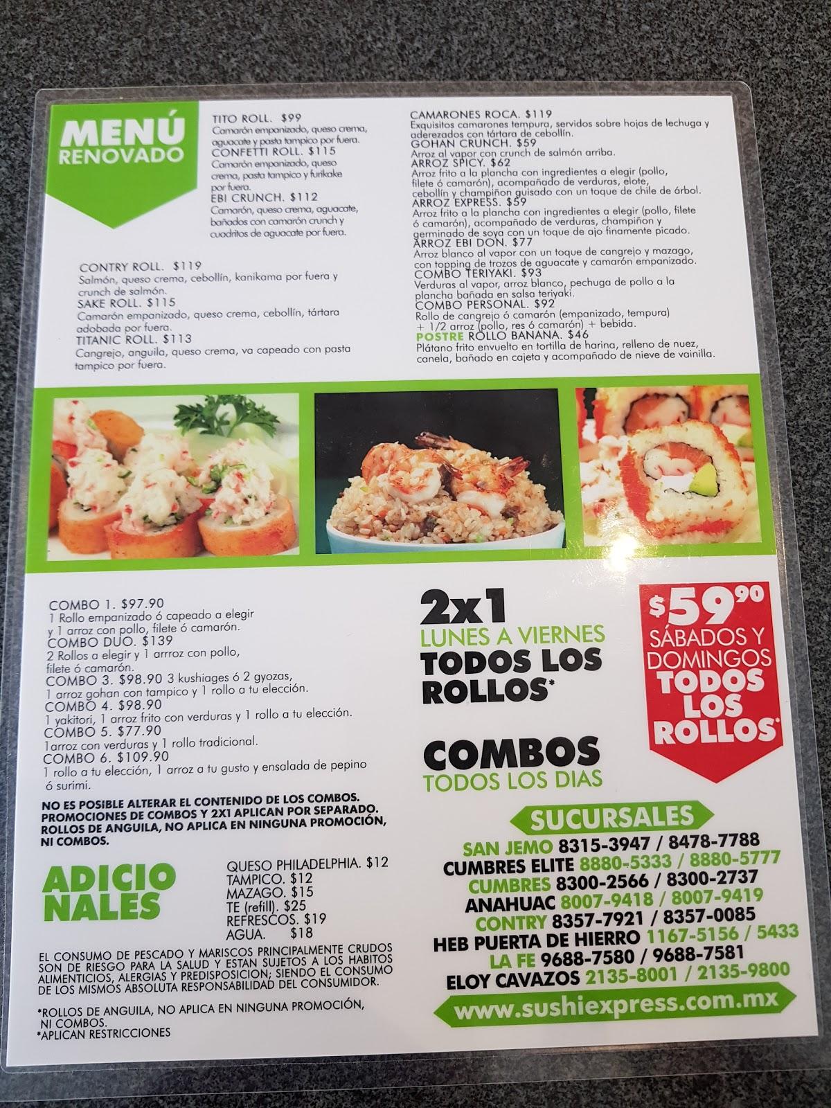 Menu at Sushi Express restaurant, Guadalupe, Eloy Cavazos 268