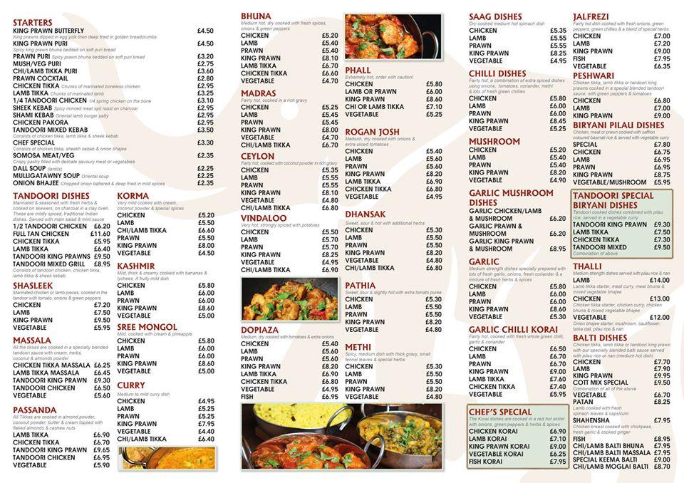 Menu at Cottingham Tandoori fast food, Cottingham