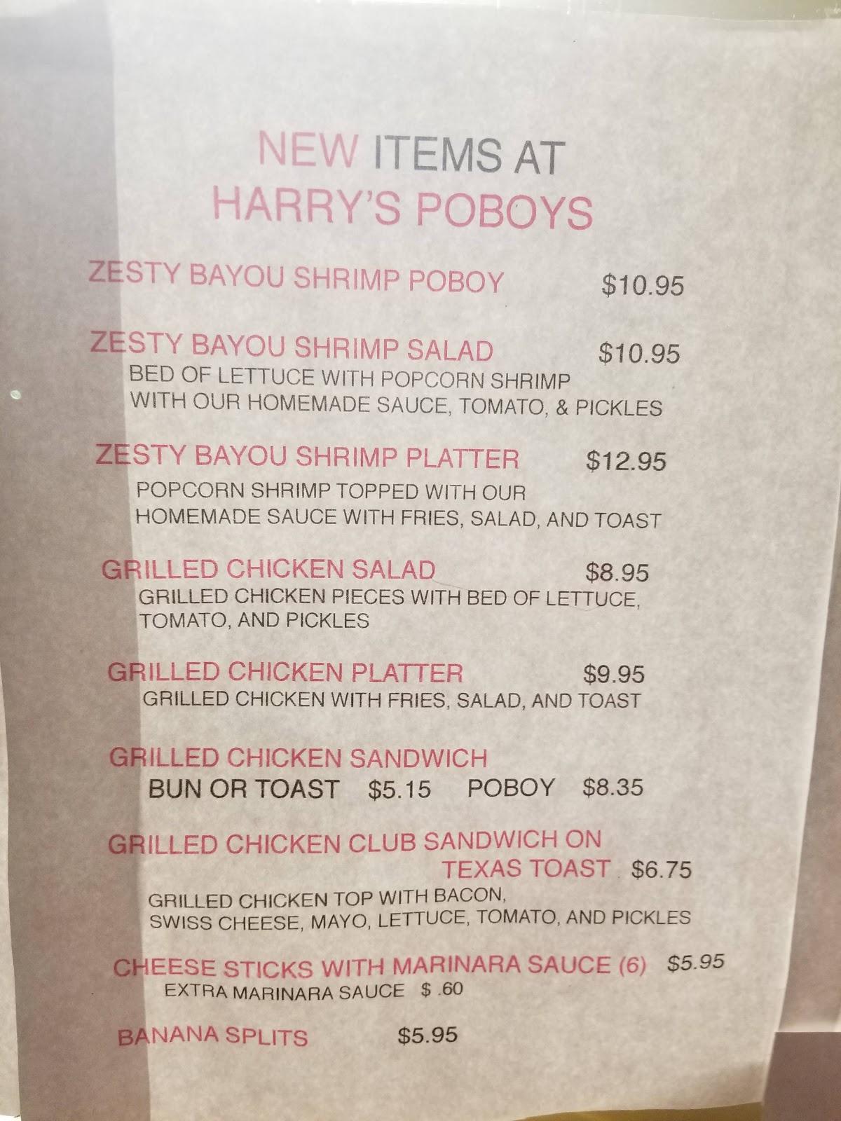 Menu at Harry's Po-Boys fast food, Larose