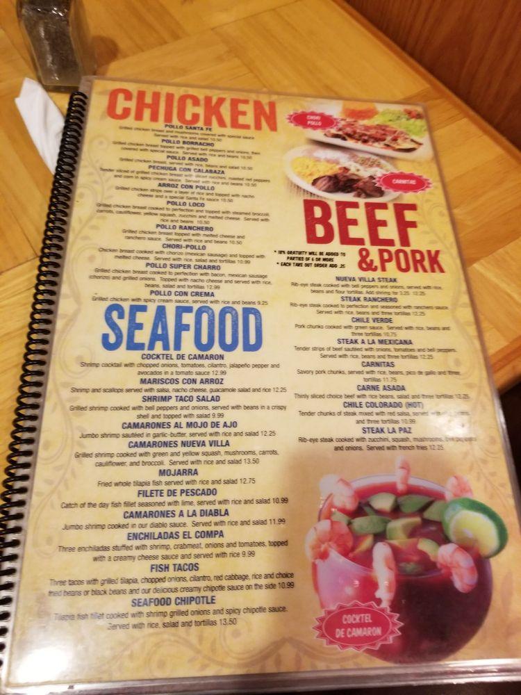 Menu at Nueva Villa restaurant, Hartsville