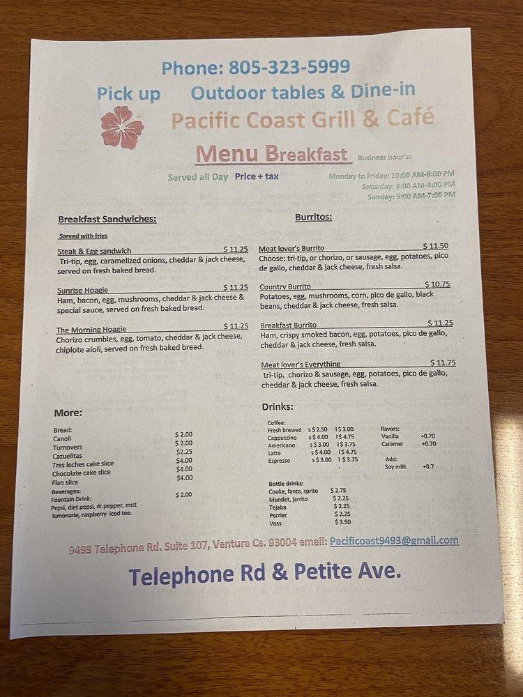 Menu at Pacific Coast Grill & Café restaurant, Ventura