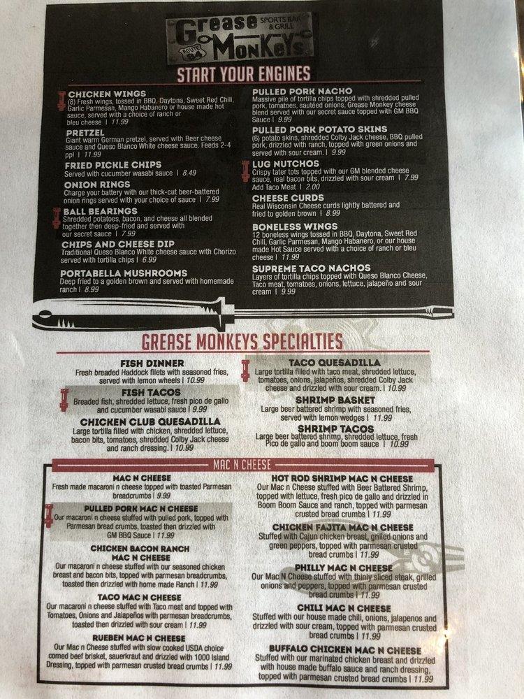 Menu at Grease Monkeys Sports Bar And Grill, Colona