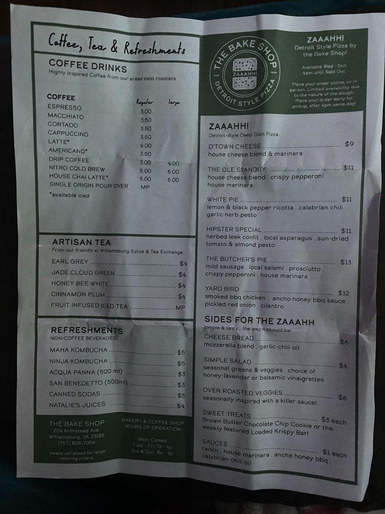 Menu at The Bake Shop restaurant, Williamsburg