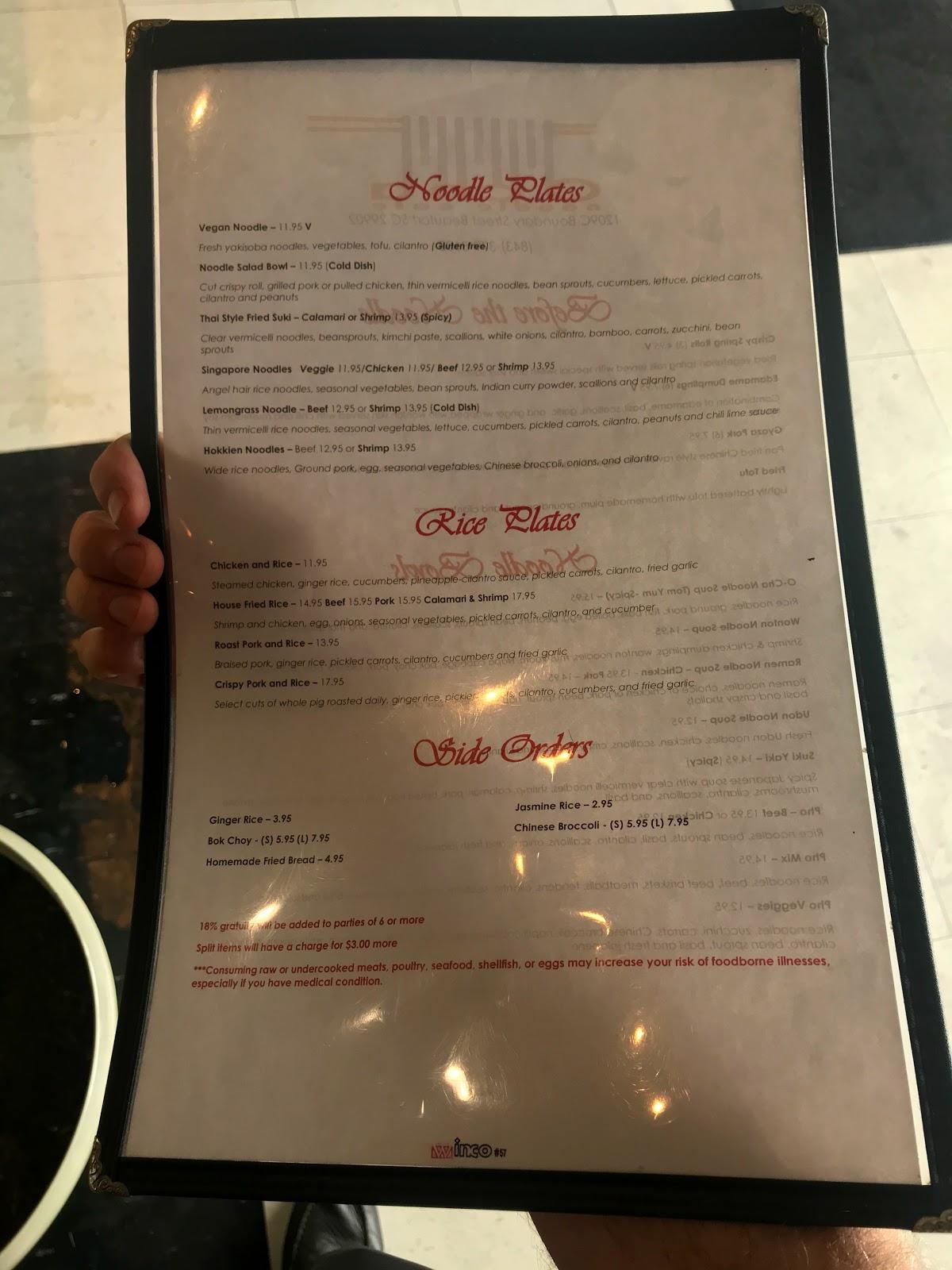Menu at OCha Noodle Cafe, Beaufort