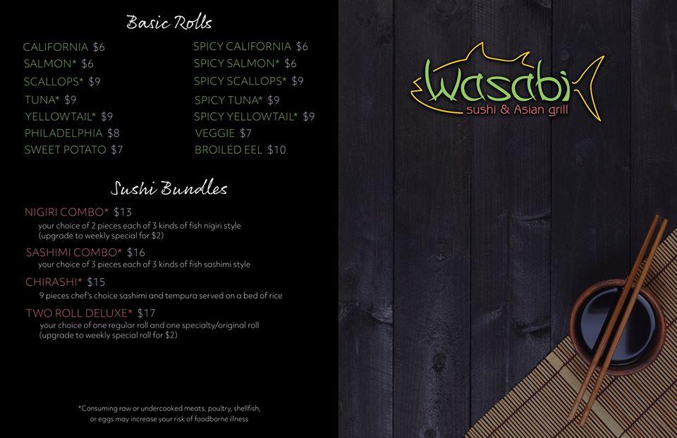 Menu at Wasabi restaurant, Bemidji