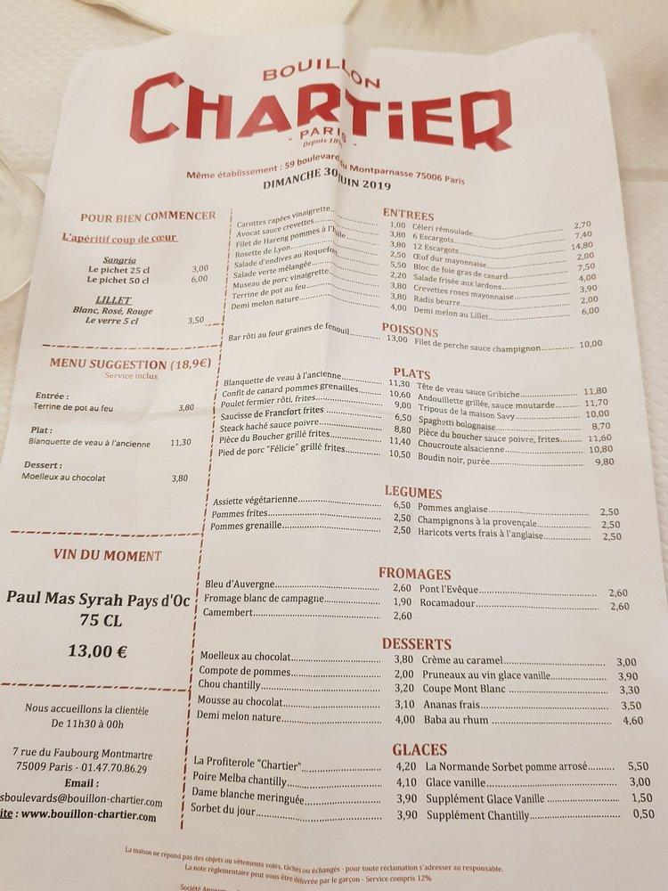 Menu at Bouillon Chartier Grands Boulevards restaurant, Paris, 7 Rue du