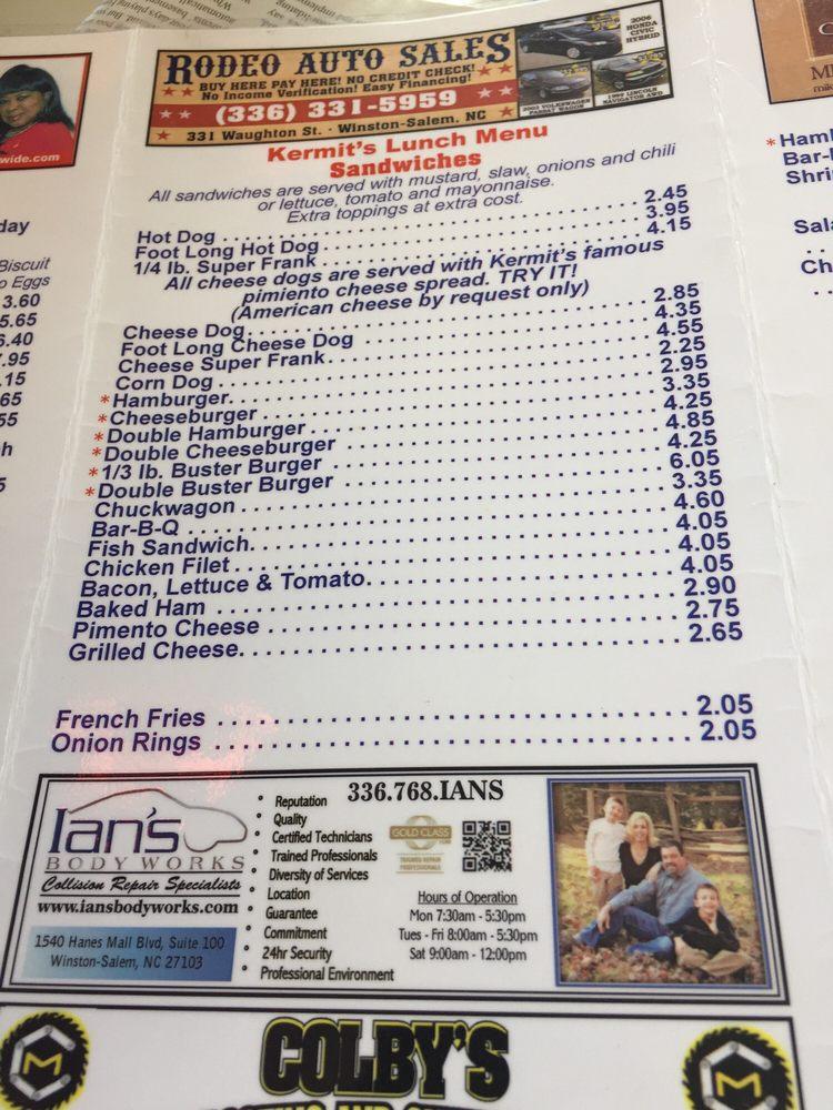 Menu at Kermit's Hot Dog House restaurant, WinstonSalem