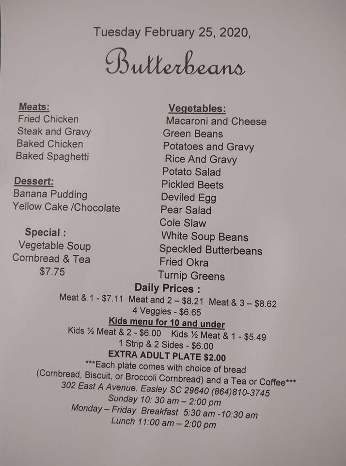 Menu at Butterbeans Restaurant, Easley