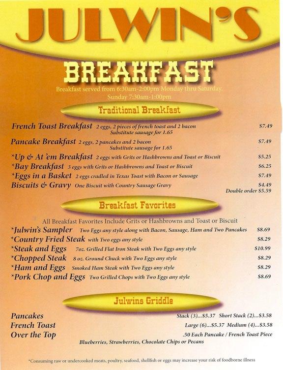 Menu at Julwin's Restaurant, Fairhope