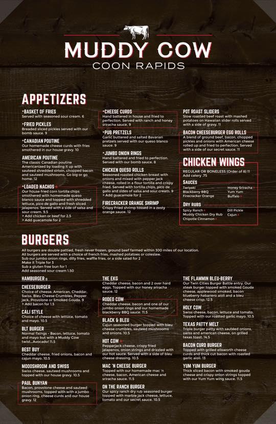 Menu at Muddy Cow Coon Rapids pub & bar, Coon Rapids