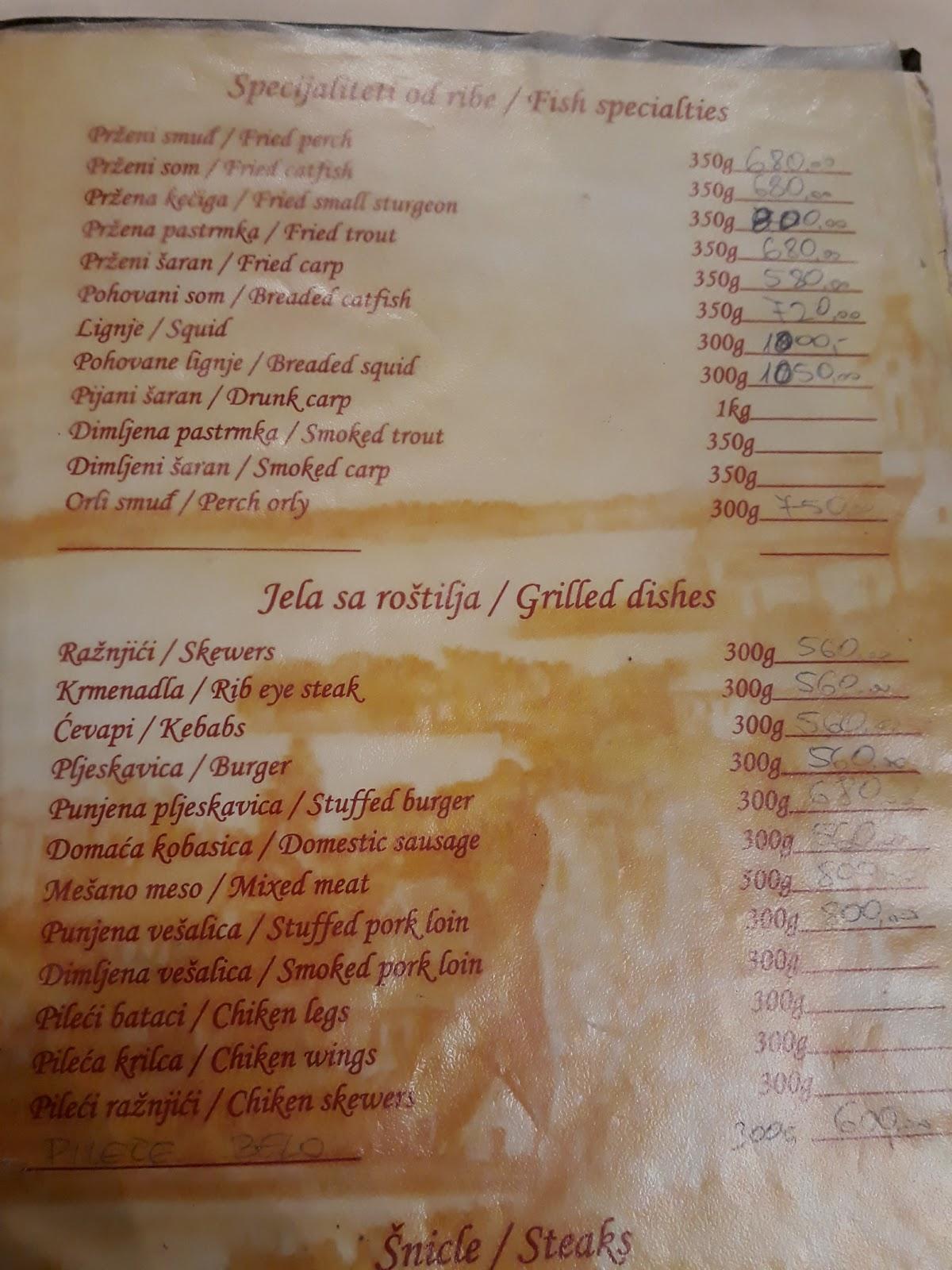 Menu at Restoran-Brod Kapetan restaurant, Stari Slankamen