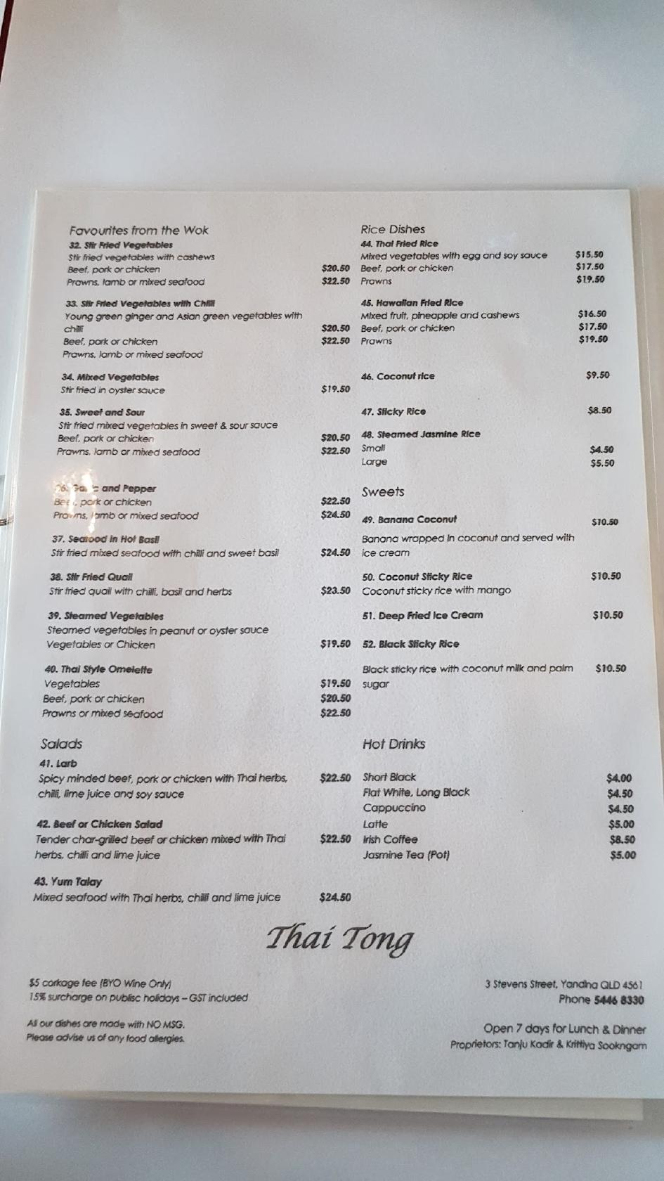 Menu at Thai Tong Restaurant, Yandina