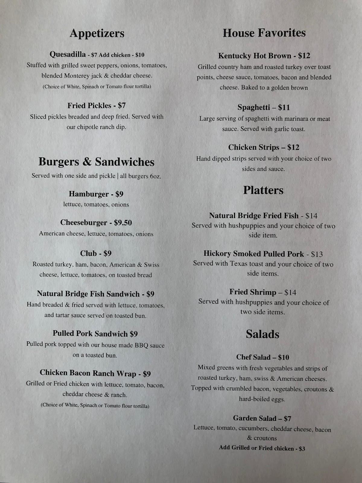 Menu at Sandstone Arches Restaurant, Slade
