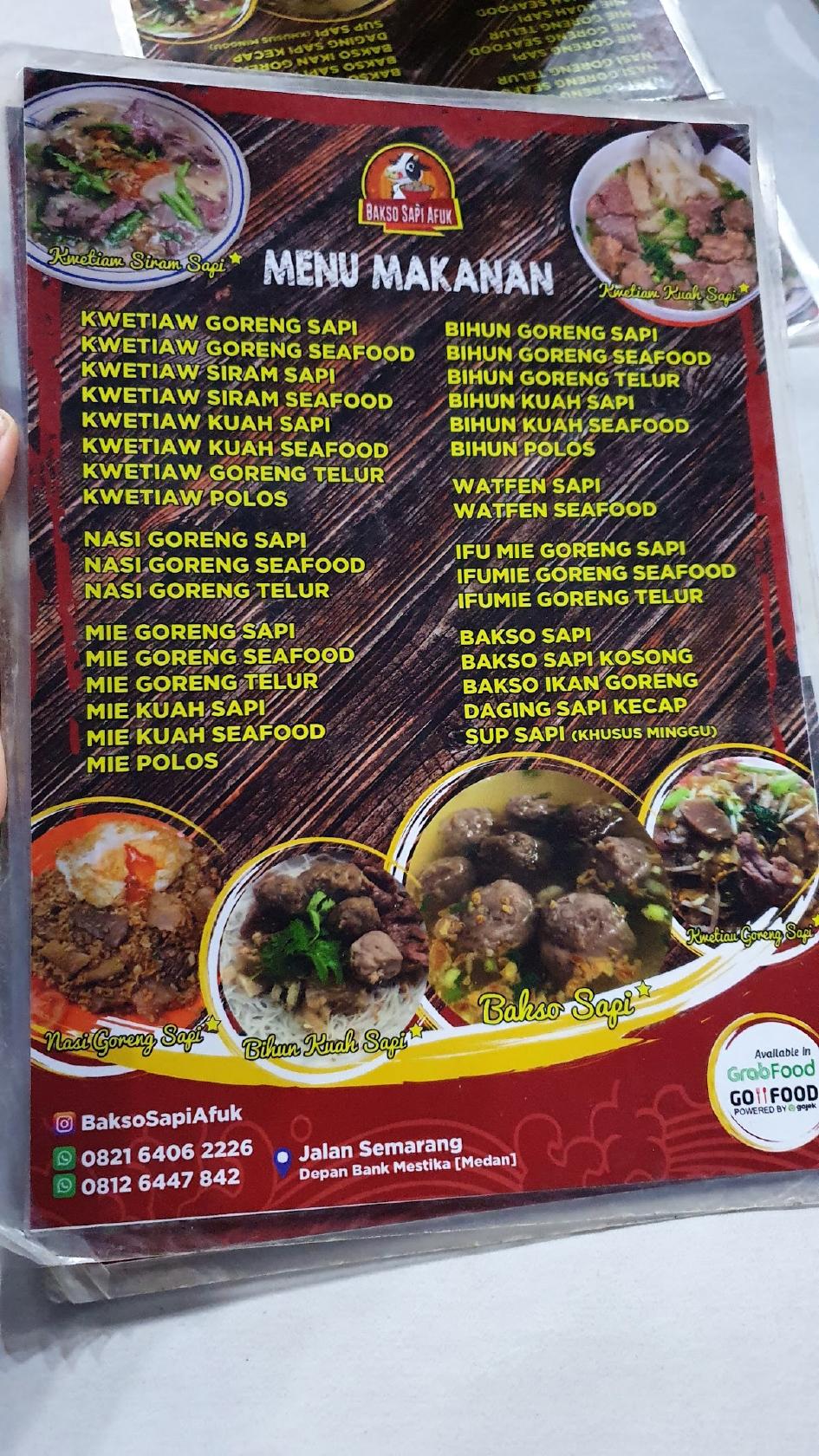 Menu At Bakso Sapi Afuk Restaurant Medan