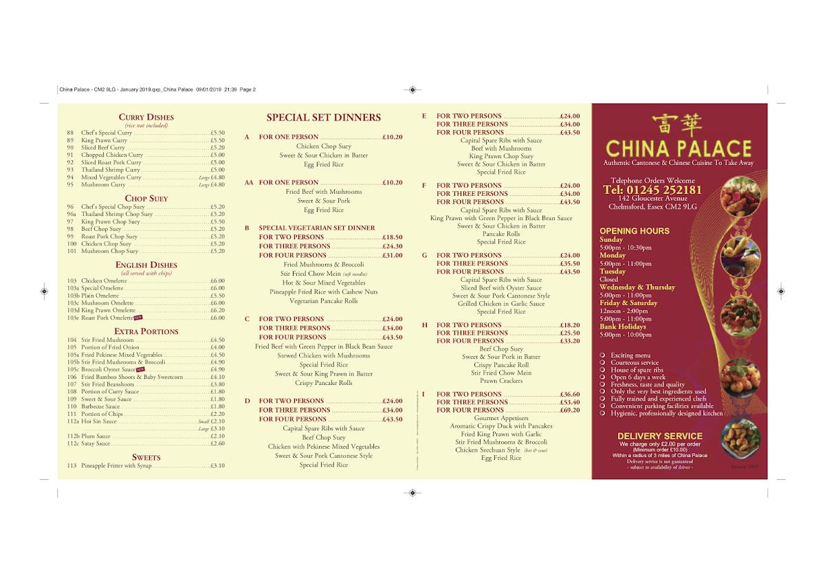 China Palace, 142 Gloucester Ave in Chelmsford Restaurant menu and