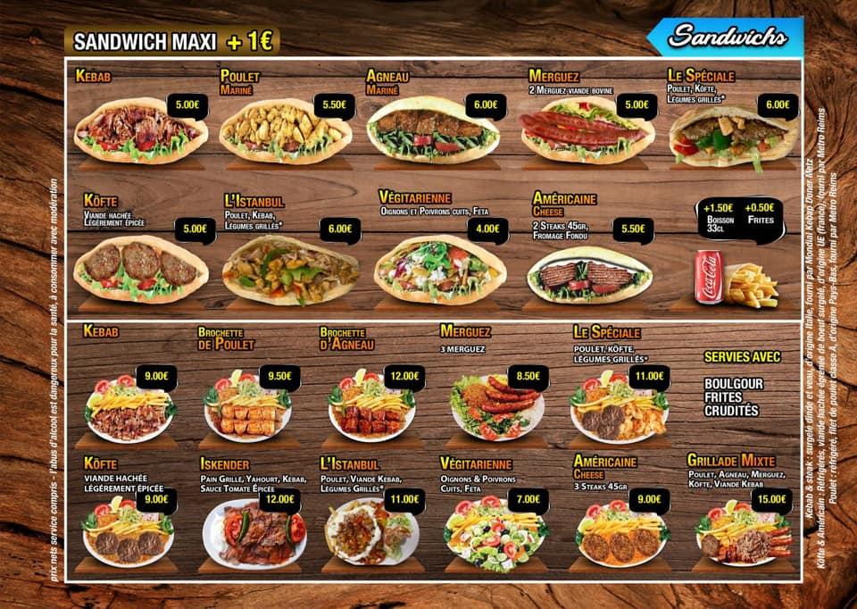 Menu at Istanbul Kebab restaurant, Épernay