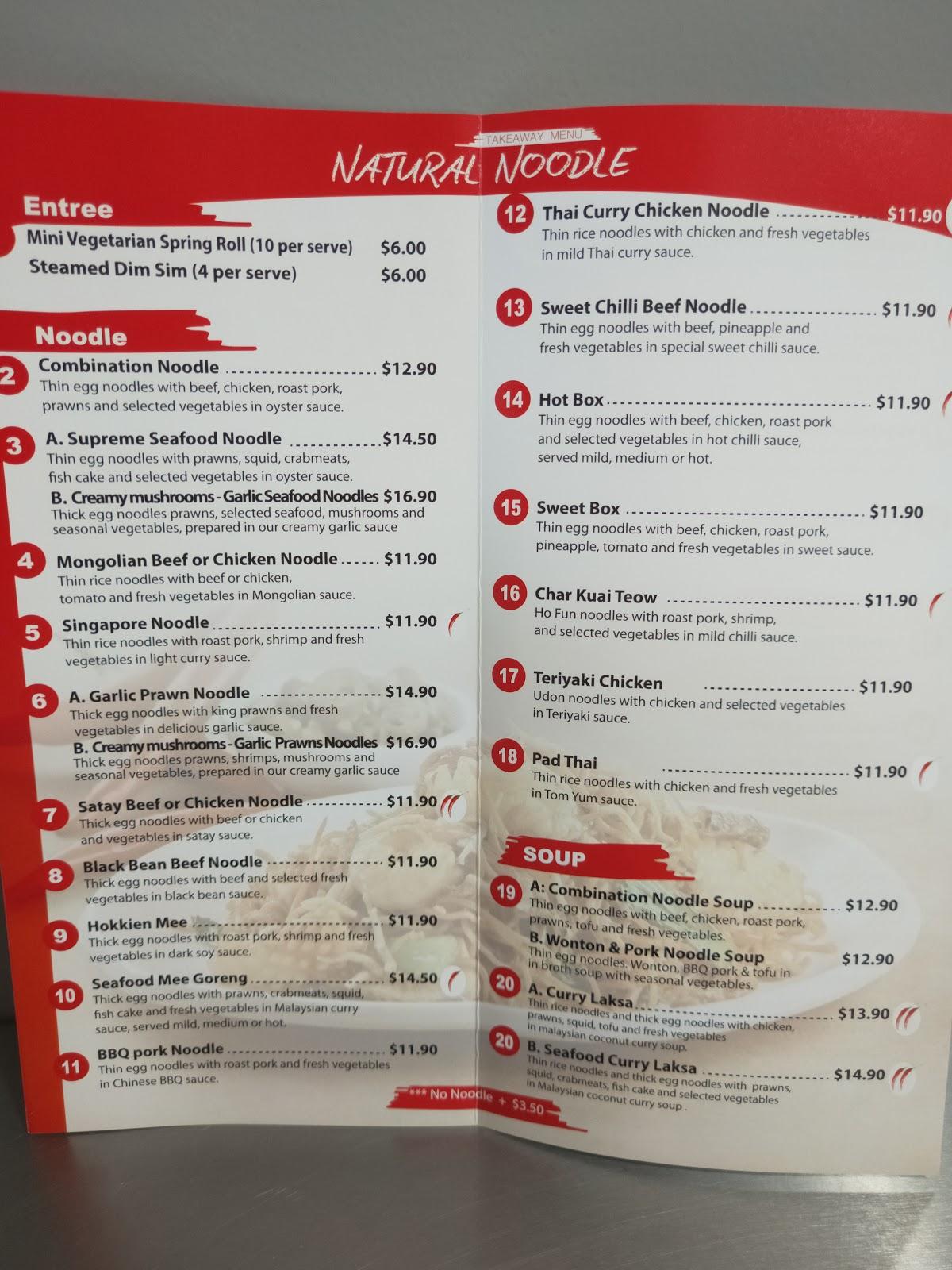 Menu at Natural Noodle restaurant, Bundaberg Central