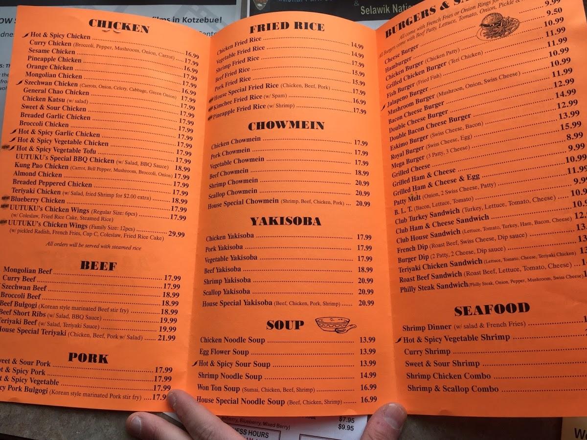 Menu at Uutuku restaurant, Kotzebue