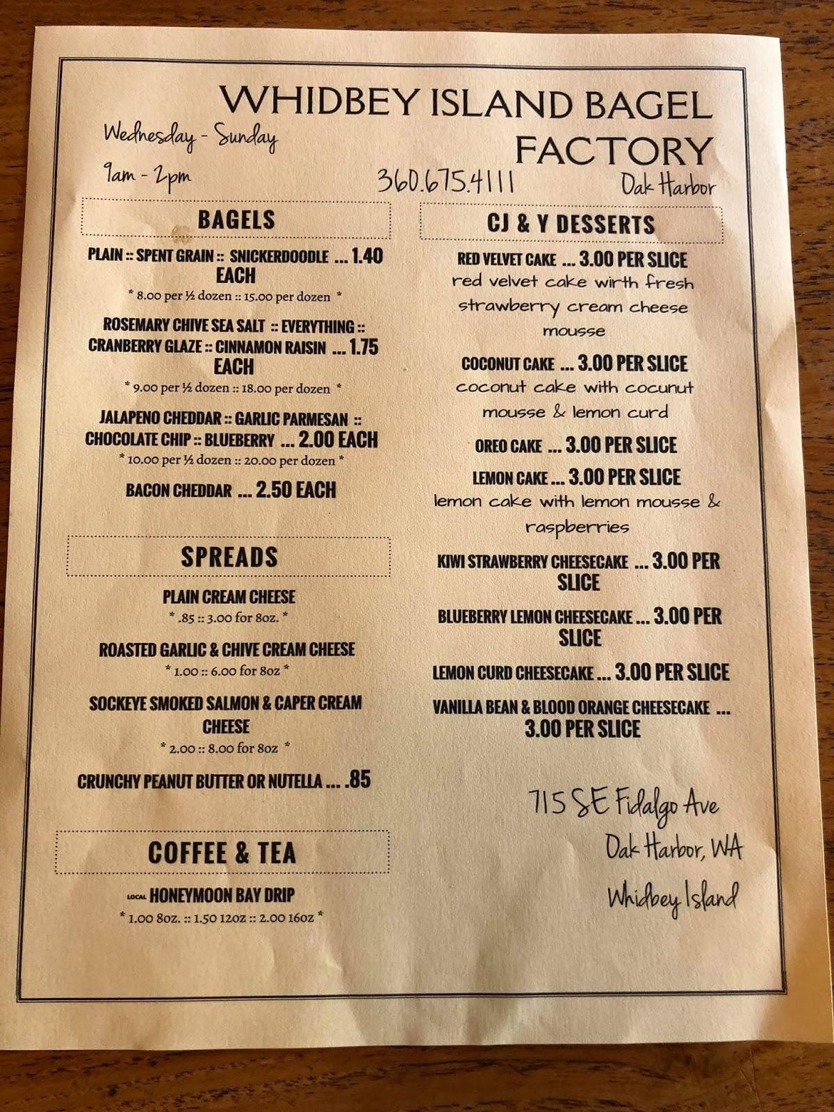 Menu at Whidbey Island Bagel Factory restaurant, Oak Harbor