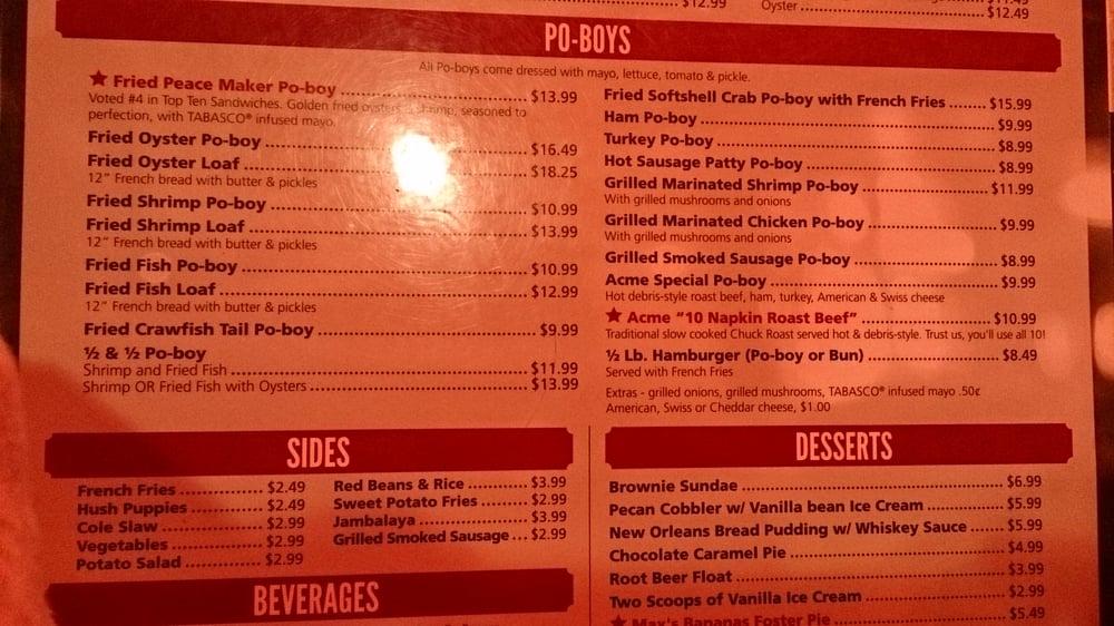 Menu at Acme Oyster House restaurant, Metairie, Veterans Blvd