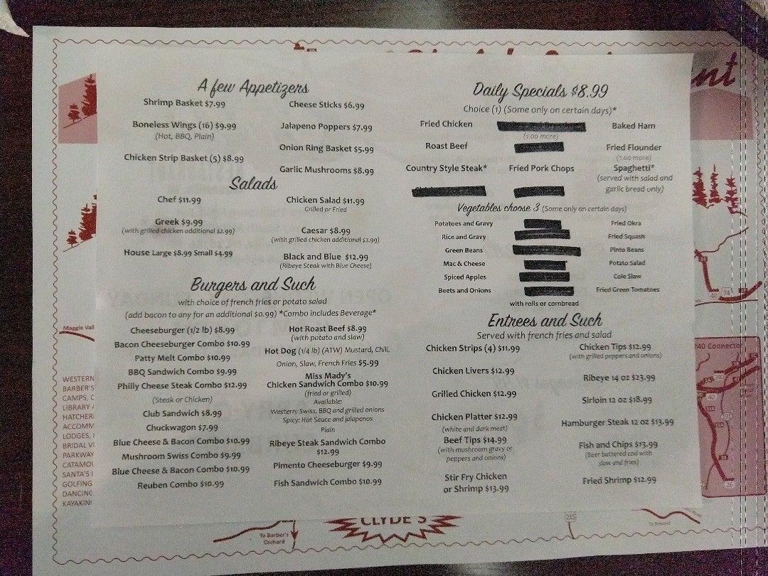 Menu at Clyde's Restaurant, Waynesville