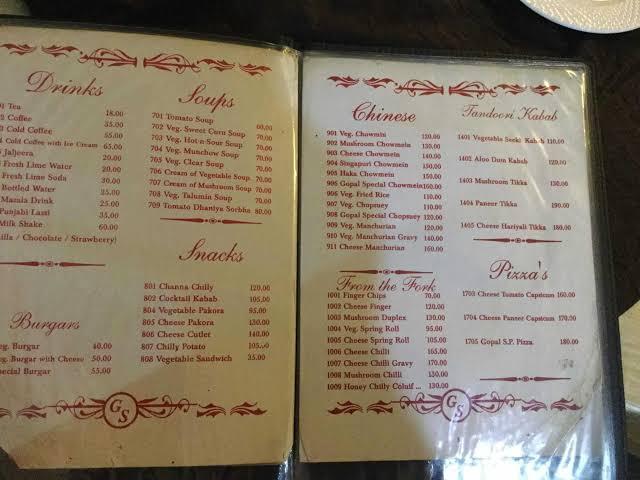 HOTEL GOPAL menu