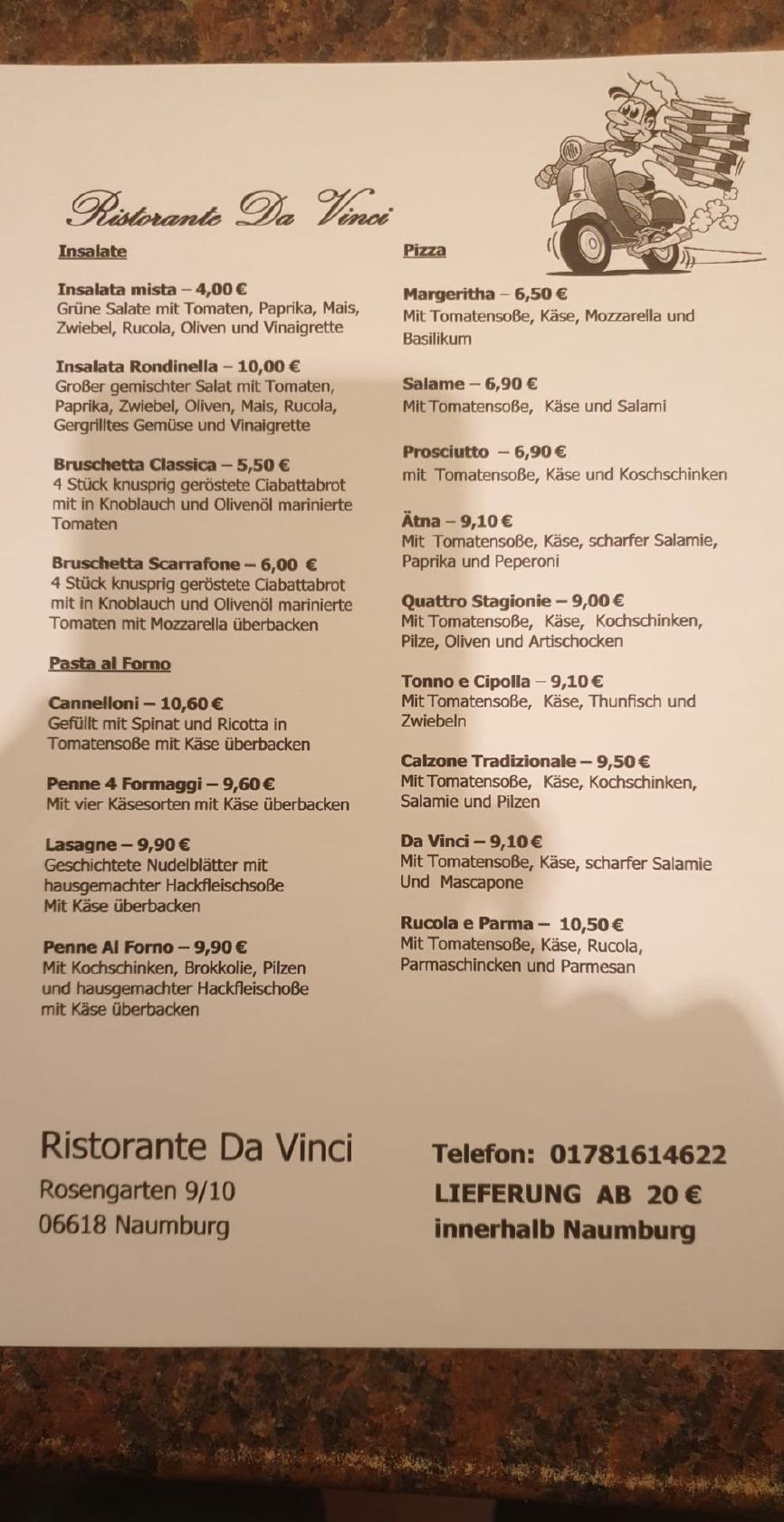 Speisekarte von Ristorante Pizzeria Da Vinci, Naumburg (Saale)