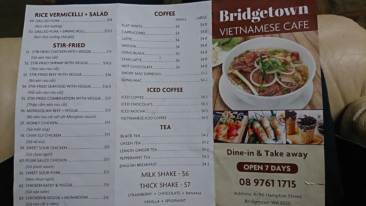 Menu at Bridgetown Vietnamese Cafe, Bridgetown