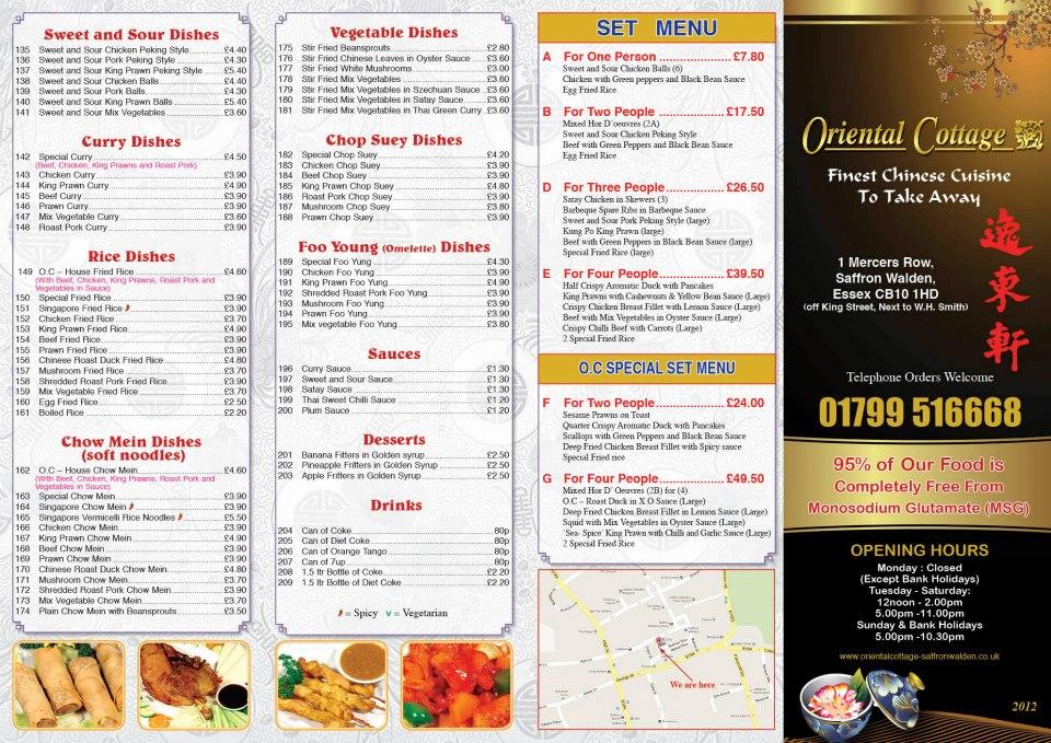 Menu at Oriental Cottage restaurant, Saffron Walden