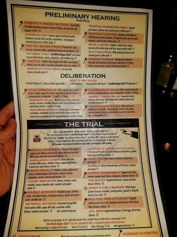 Menu at Sidebar At Whiskey Row, Louisville