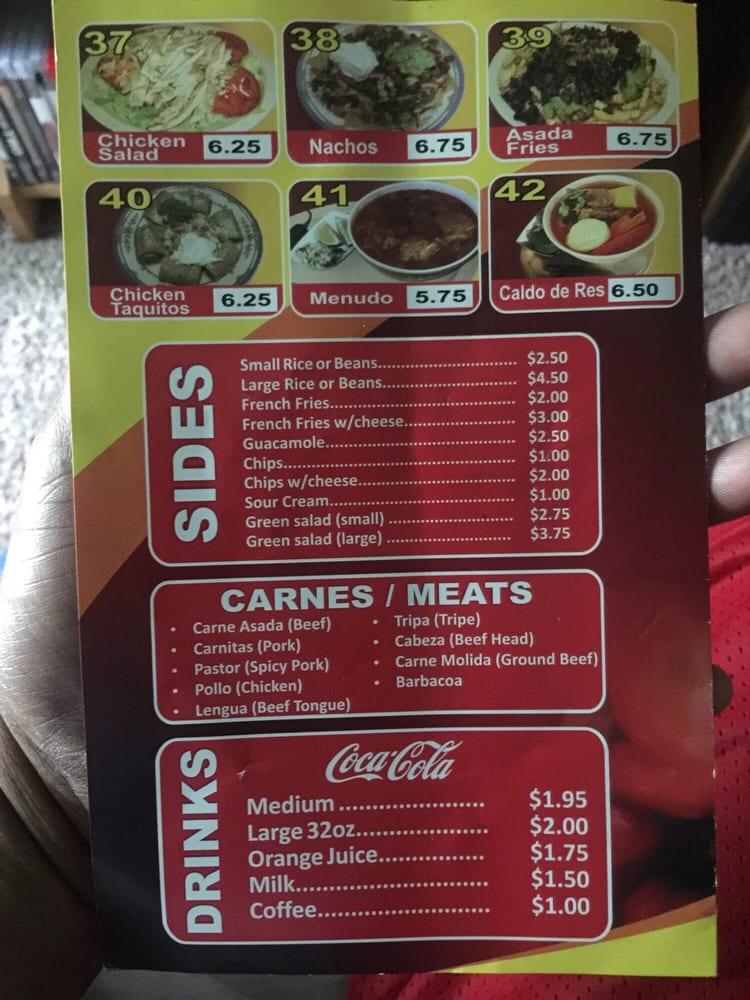Menu at El Rey Taqueria restaurant, Oklahoma City, 100 S May Ave