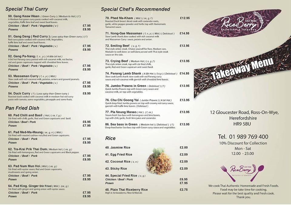 Menu at Riceberry Thai Kitchen restaurant, RossonWye