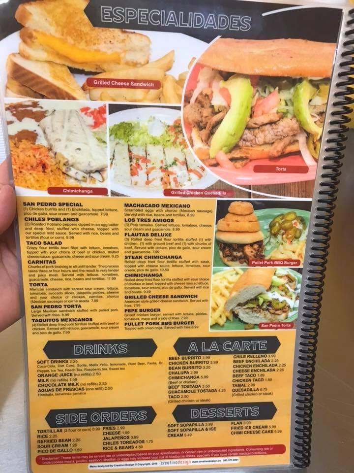 Menu at San Pedro Mexican Restaurant, Torrington
