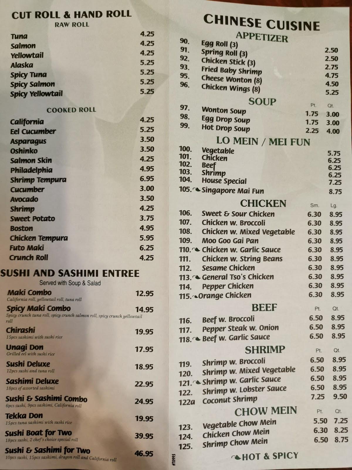 Menu at Asian Buffet restaurant, Magnolia