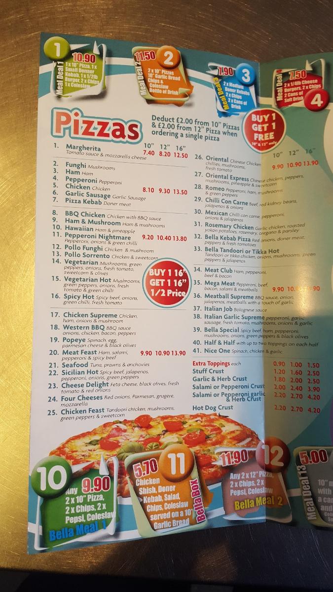 Menu at Bella Pizza restaurant, Mexborough