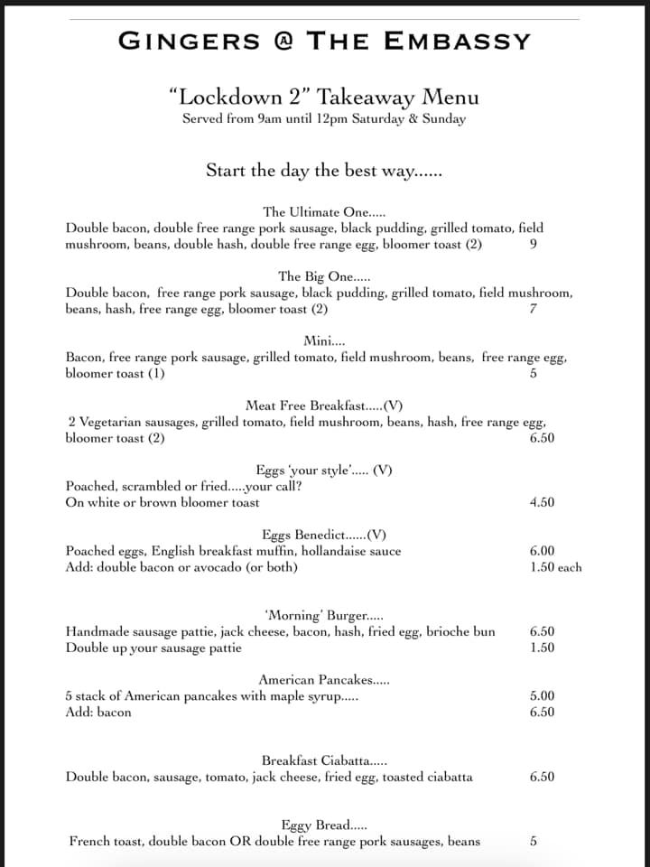 Menu at Gingers the embassy hotel restaurant, Hull
