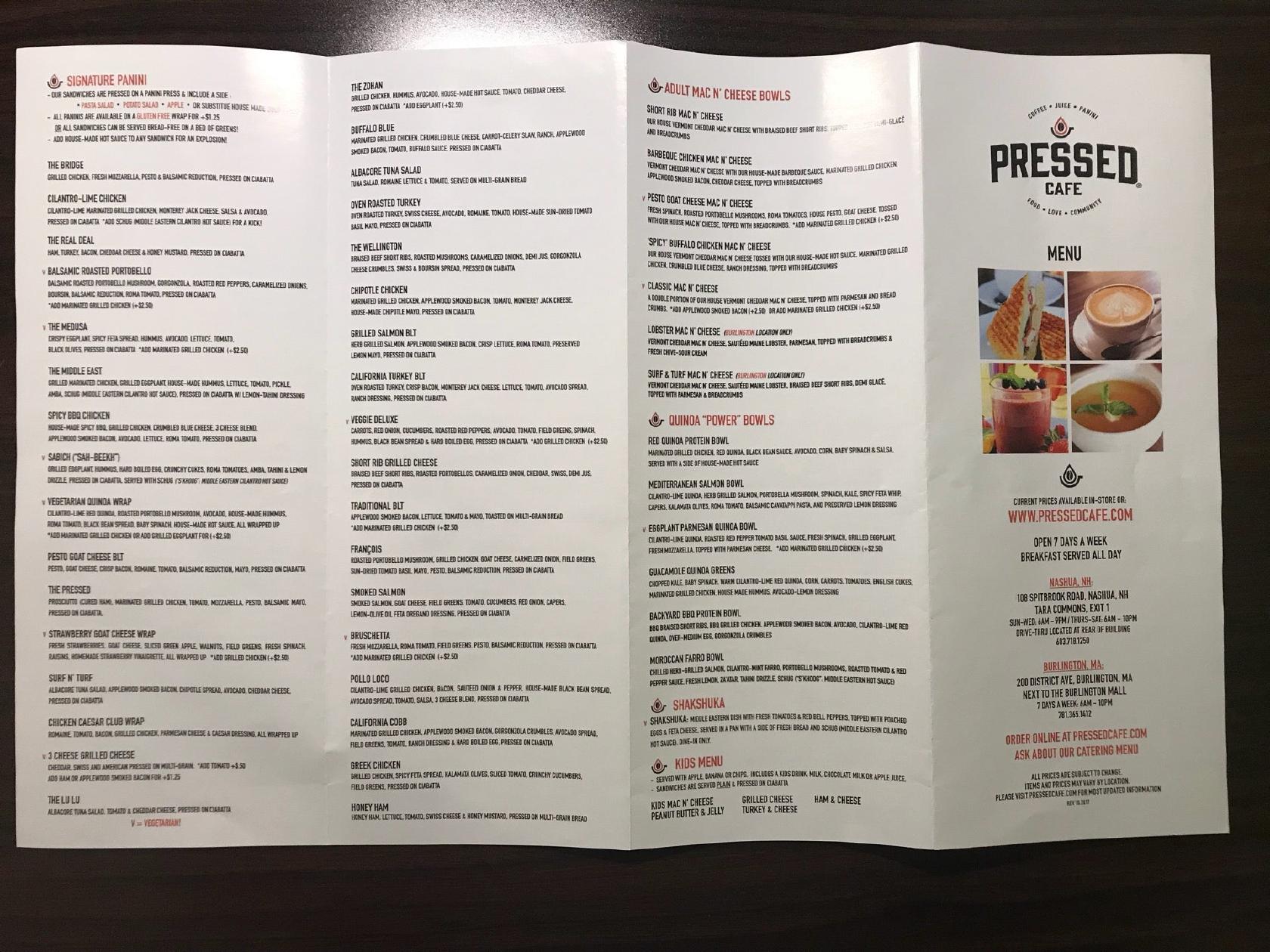 Menu at Pressed Cafe Burlington, Burlington