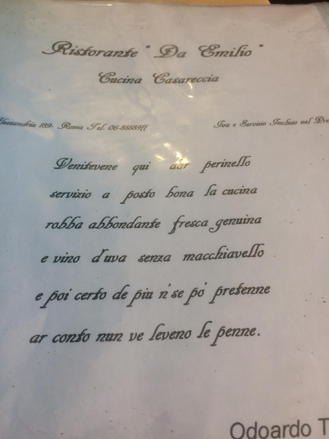 Menu At Da Emilio Restaurant, Rome