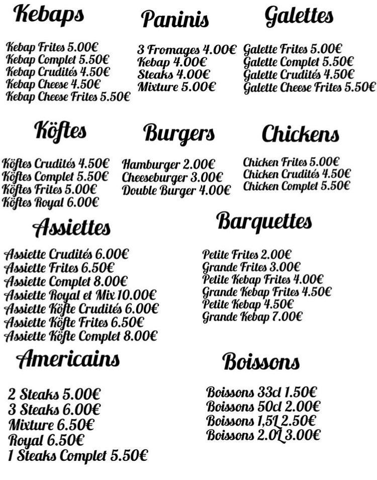 Menu at Sanvic kebap restaurant, Le Havre