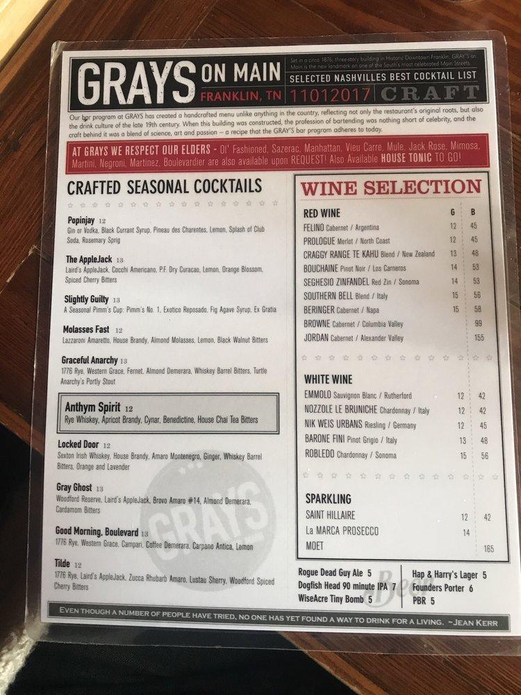 Menu at GRAYS on Main pub & bar, Franklin, 332 Main St